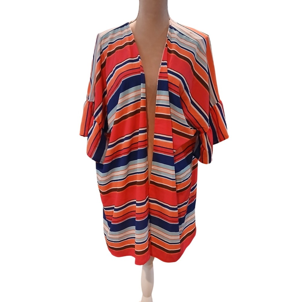 Umgee USA Large Striped Kimono Cardigan Ruffle Bell Sleeve Orange pink Boho New